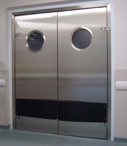 Round vision panel on double swing personnel door